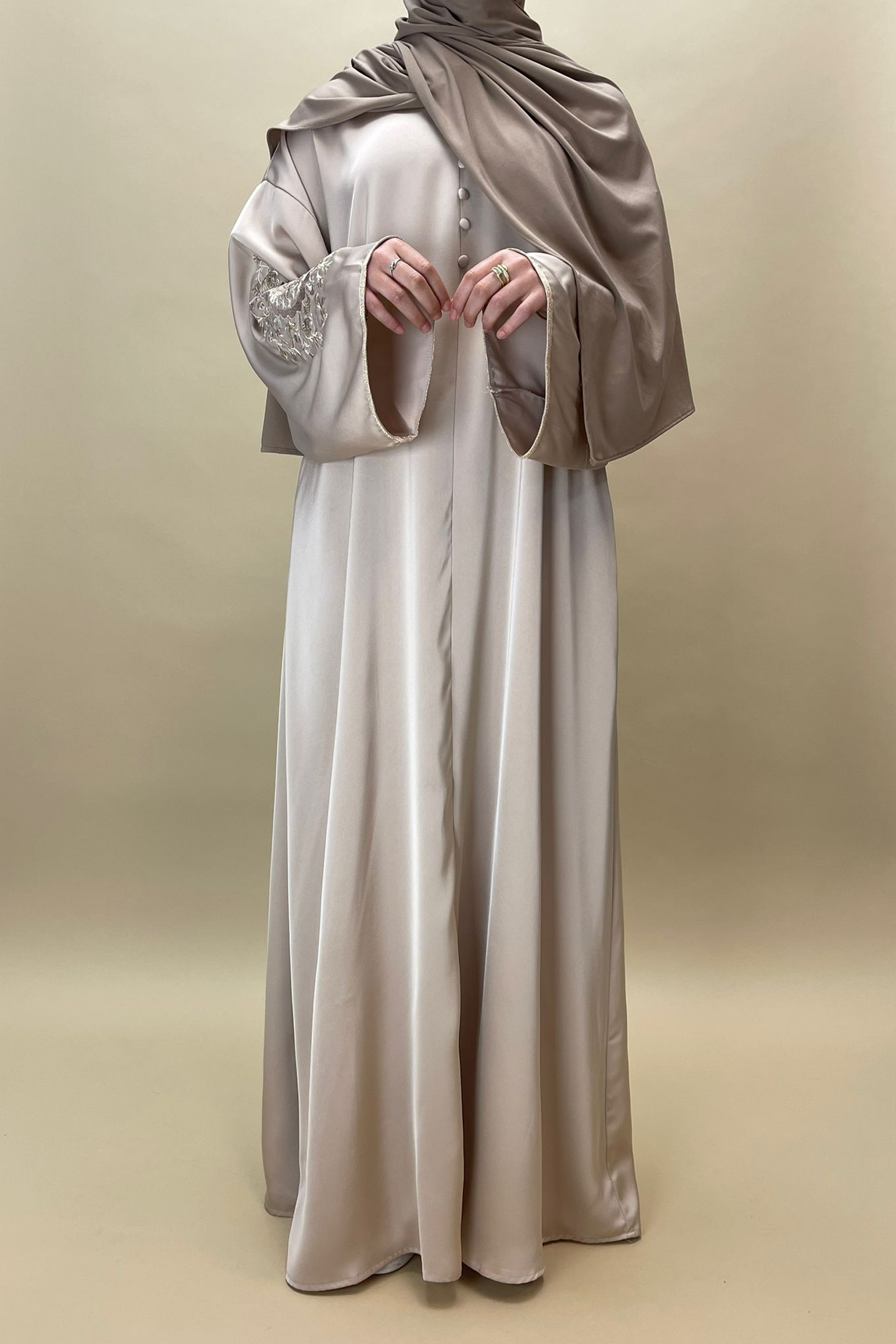 Embroidered satin dress - Beige - Hijab Boutique