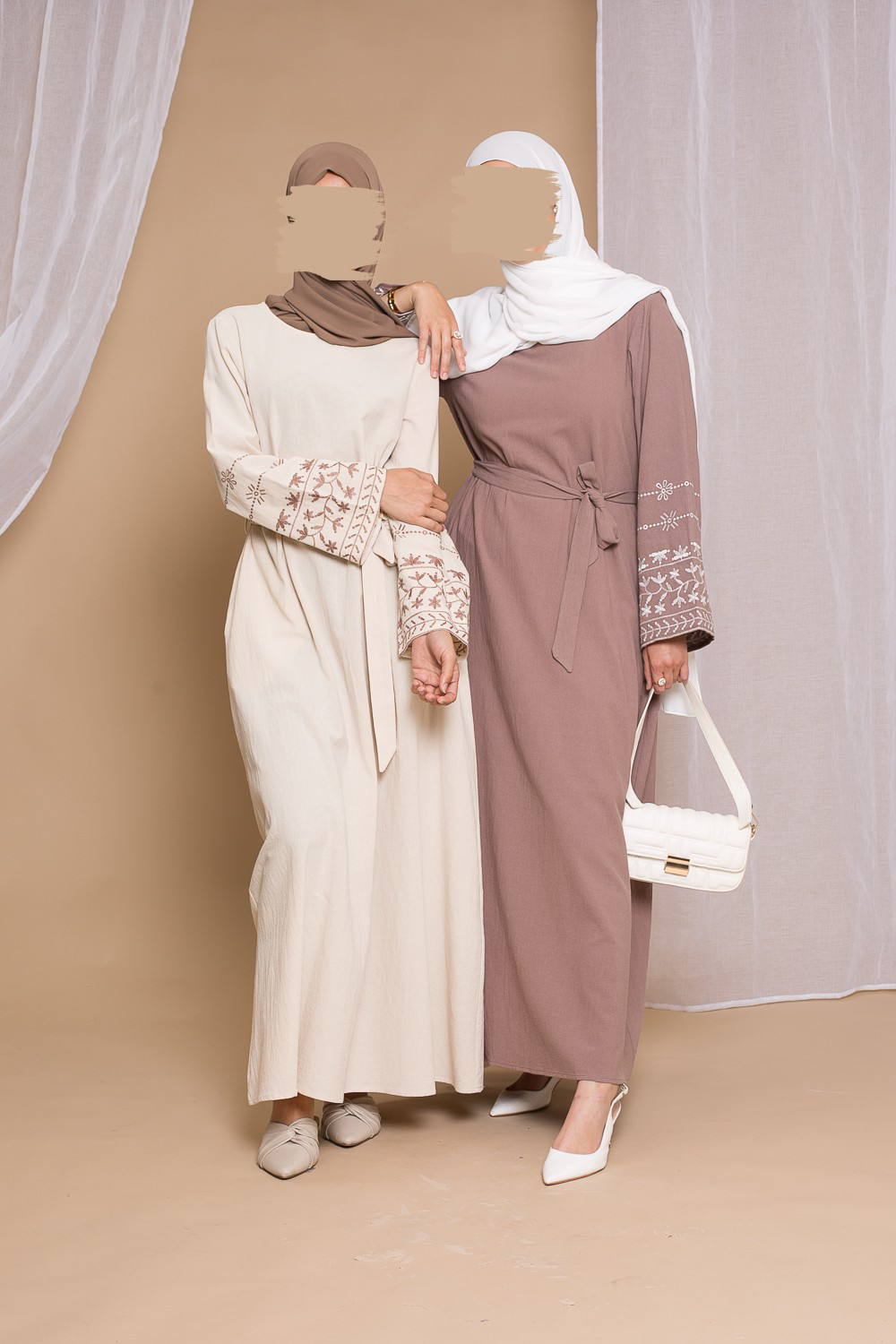 Embroidered Cotton Dress - Beige - Hijab Boutique