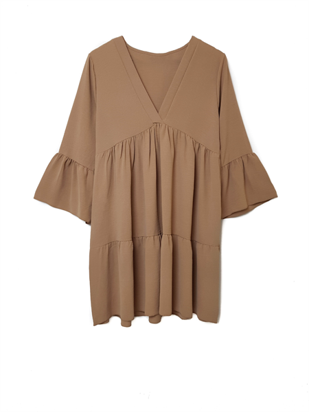 Jurk met trompet mouwen - Camel